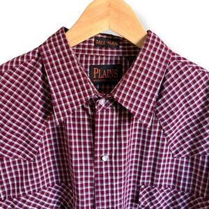 Plains Western Wear Mens Tall‎ XLT Burgundy Plaid Pearl Snap Western Shirt Retro